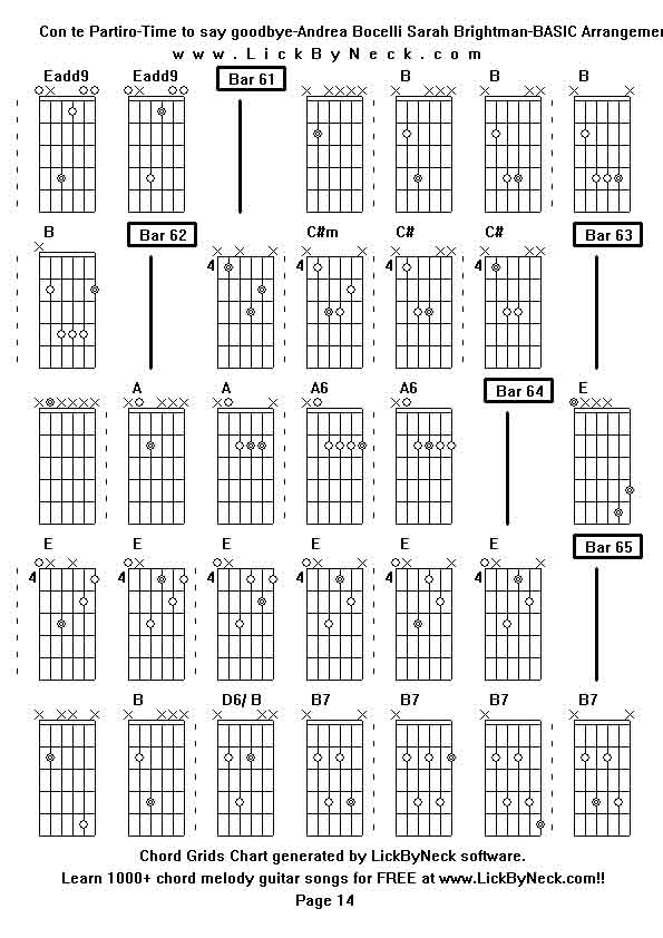 Chord Grids Chart of chord melody fingerstyle guitar song-Con te Partiro-Time to say goodbye-Andrea Bocelli Sarah Brightman-BASIC Arrangement,generated by LickByNeck software.